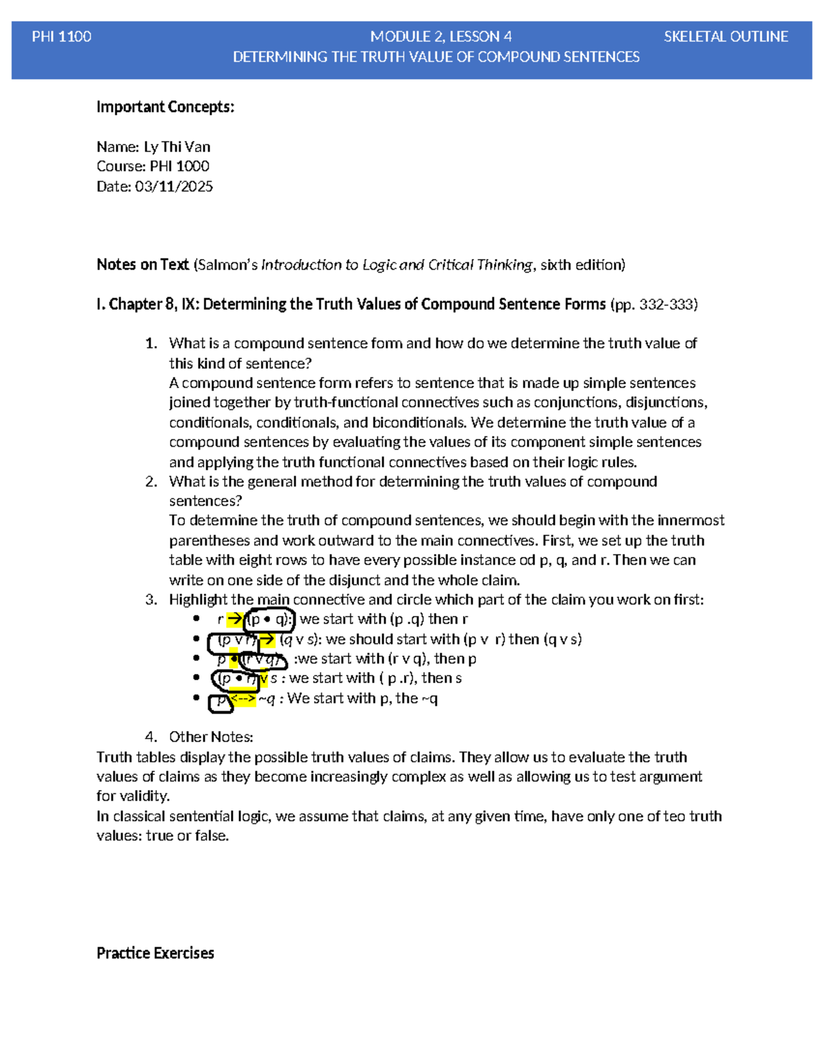 PHI 1100 Module 2: Lesson 4 - Truth Value of Compound Sentences Outline ...