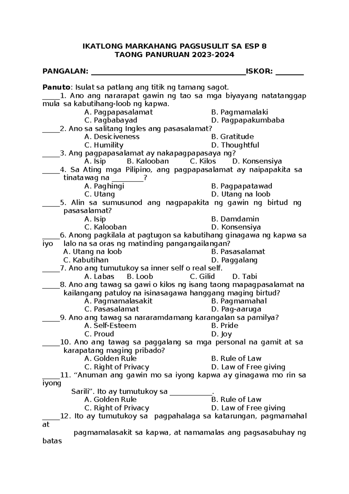 Esp 8 Final Exam Markahang Pagsusulit 2023 Studocu