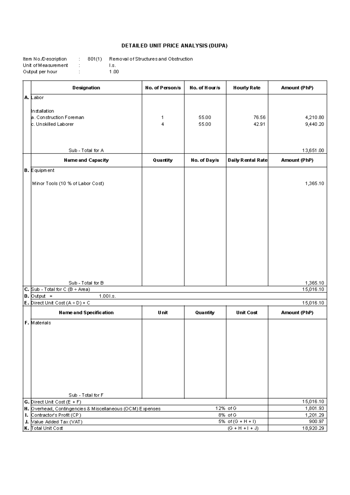 DETAILED UNIT PRICE ANALYSIS (DUPA) for Construction Costs - Studocu