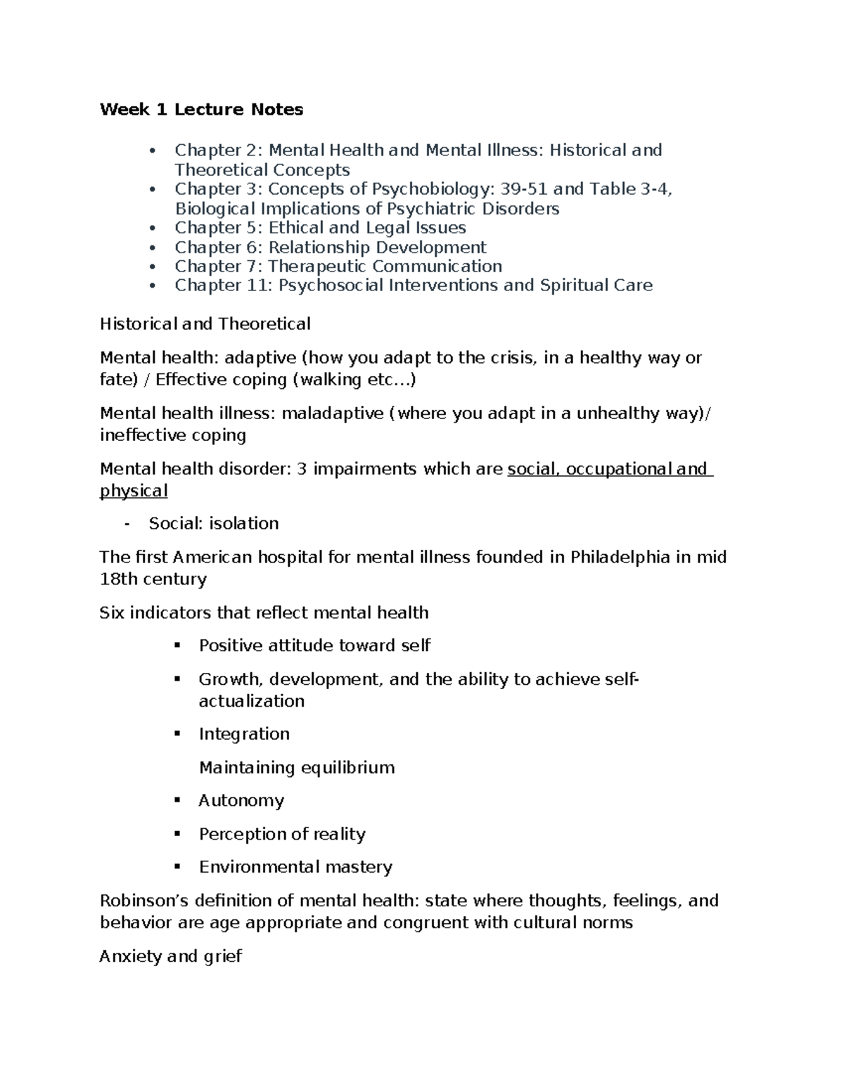 Mental Health Nursing Week 1 Lecture Notes: Concepts & Ethical Issues ...