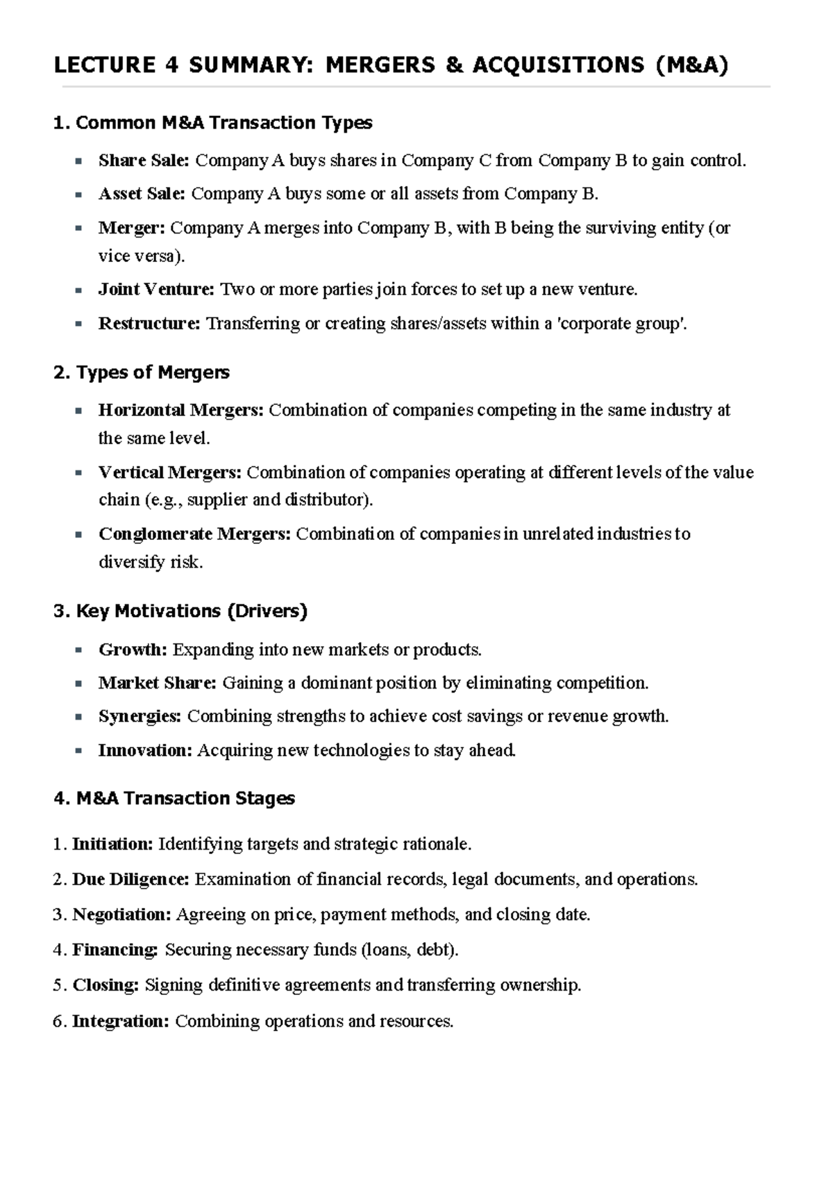 LECTURE 5 SUMMARY: MERGERS & ACQUISITIONS OVERVIEW - Studocu