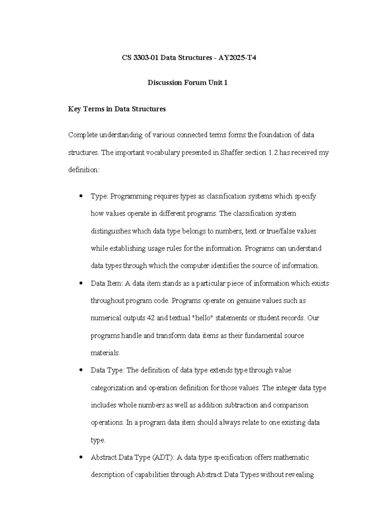 CS Data Structures Discussion Forum Unit 1: Key Terms Explained - Studocu