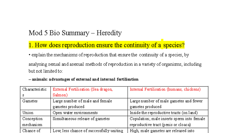 Mod 5 Bio Summary: Mechanisms of Heredity and Reproduction - Studocu