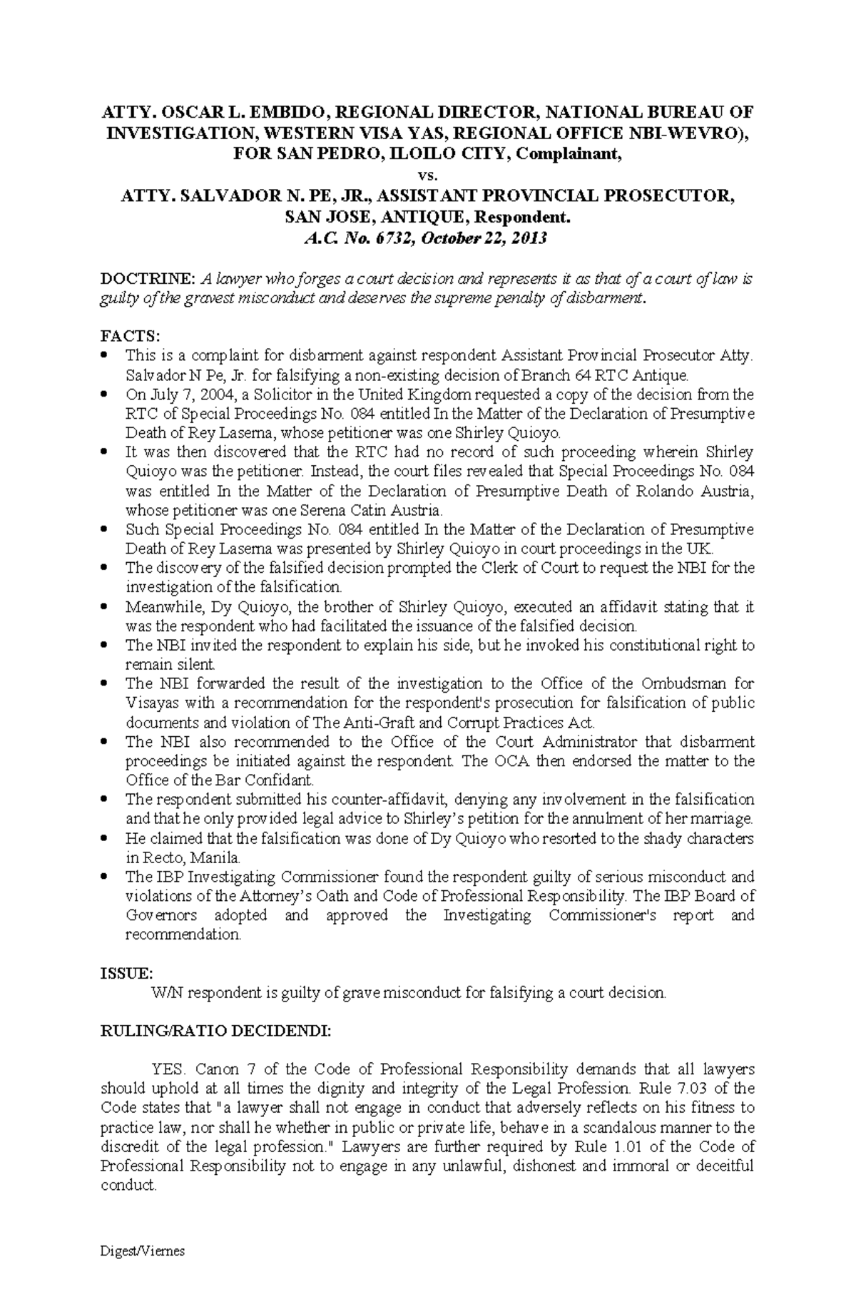 Embido v. Pe, Jr. - Case Digest on Disbarment Misconduct - Studocu