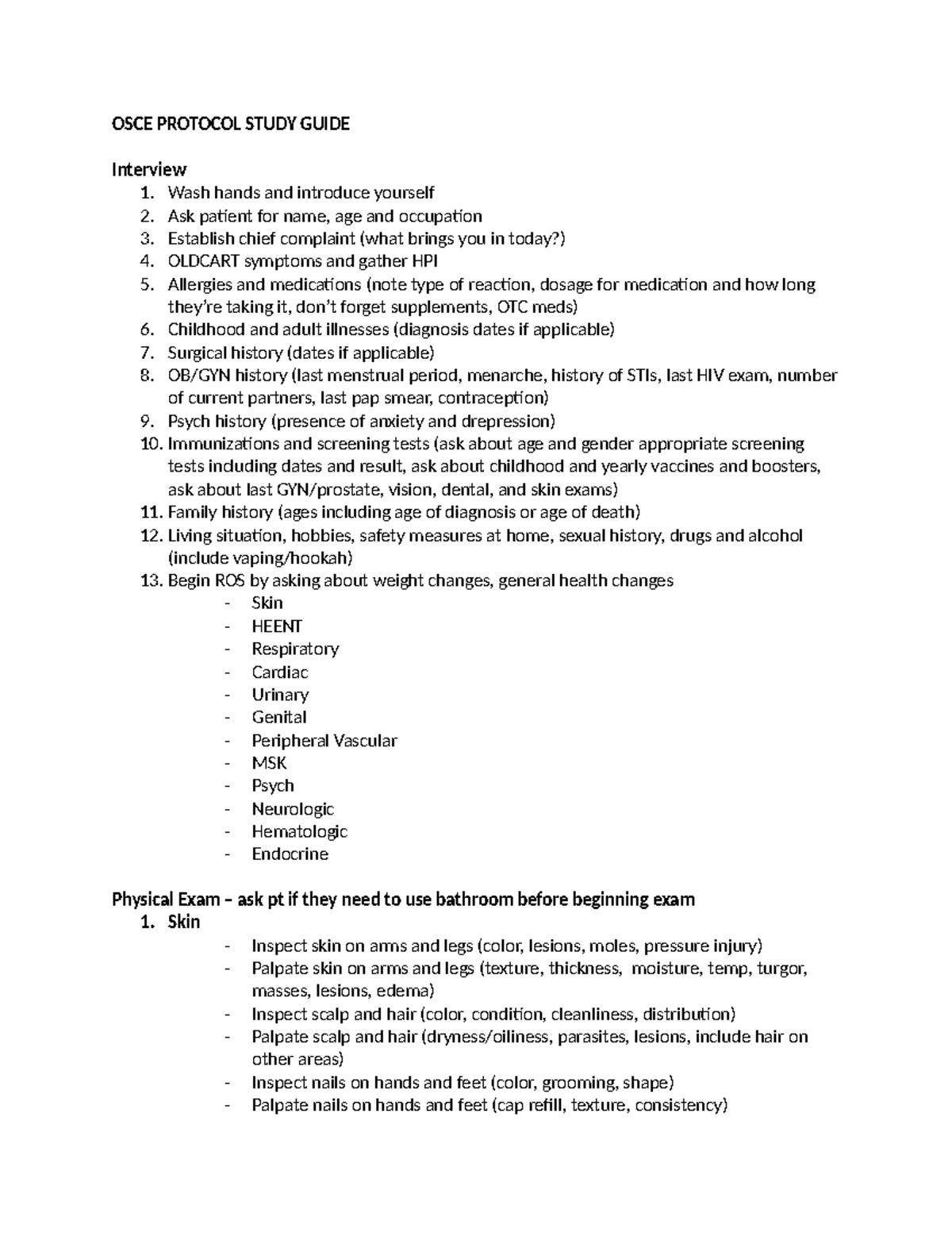 Final Osce Study Template - OSCE PROTOCOL STUDY GUIDE Interview 1. Wash ...