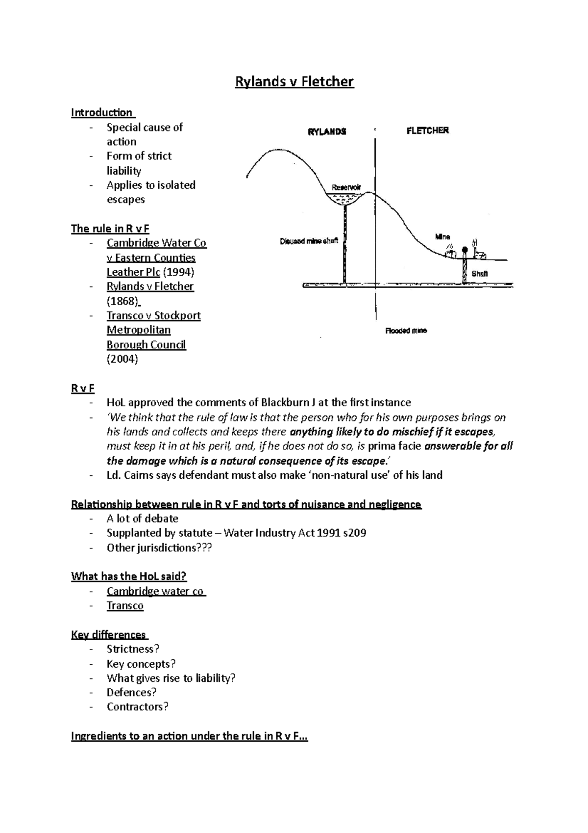 Rylands v Fletcher L2 - Comprehensive Lecture Notes on Strict Liability ...