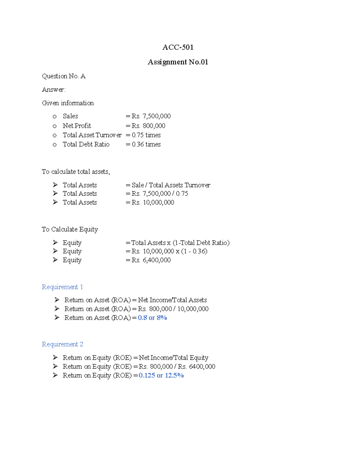 Acc501 Assignment 1 Solutions Roa Roe Analysis And Recommendations