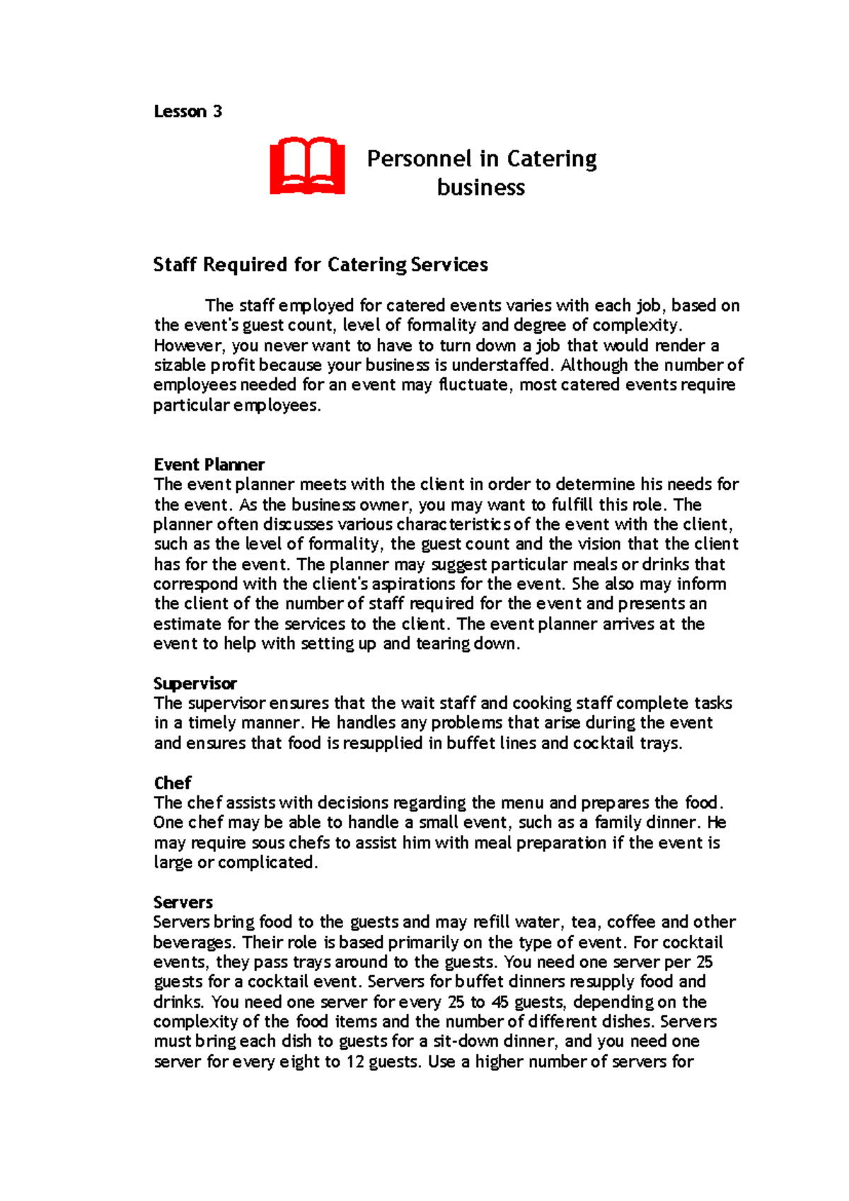 Catering Staffing Requirements and Best Practices (Lesson 3) - Studocu