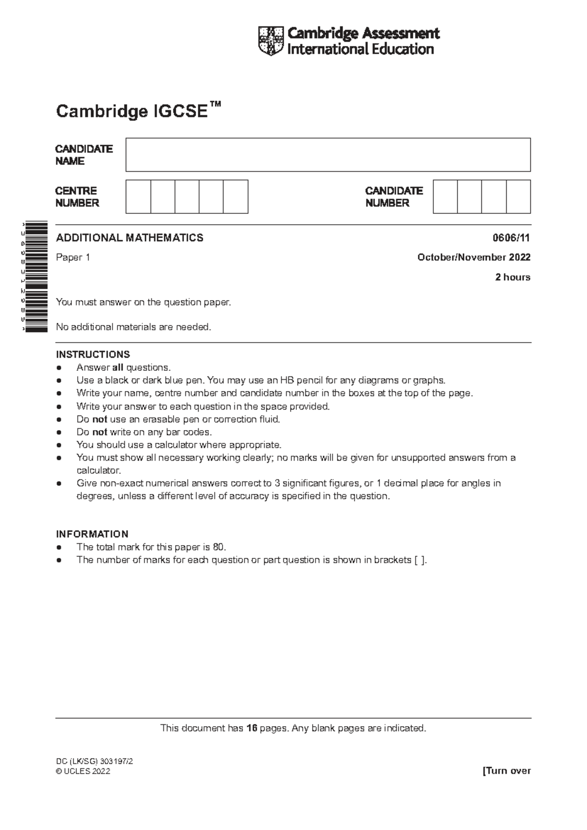 Cambridge 0606 W22 Additional Mathematics Paper 1 Practice Exam - Studocu