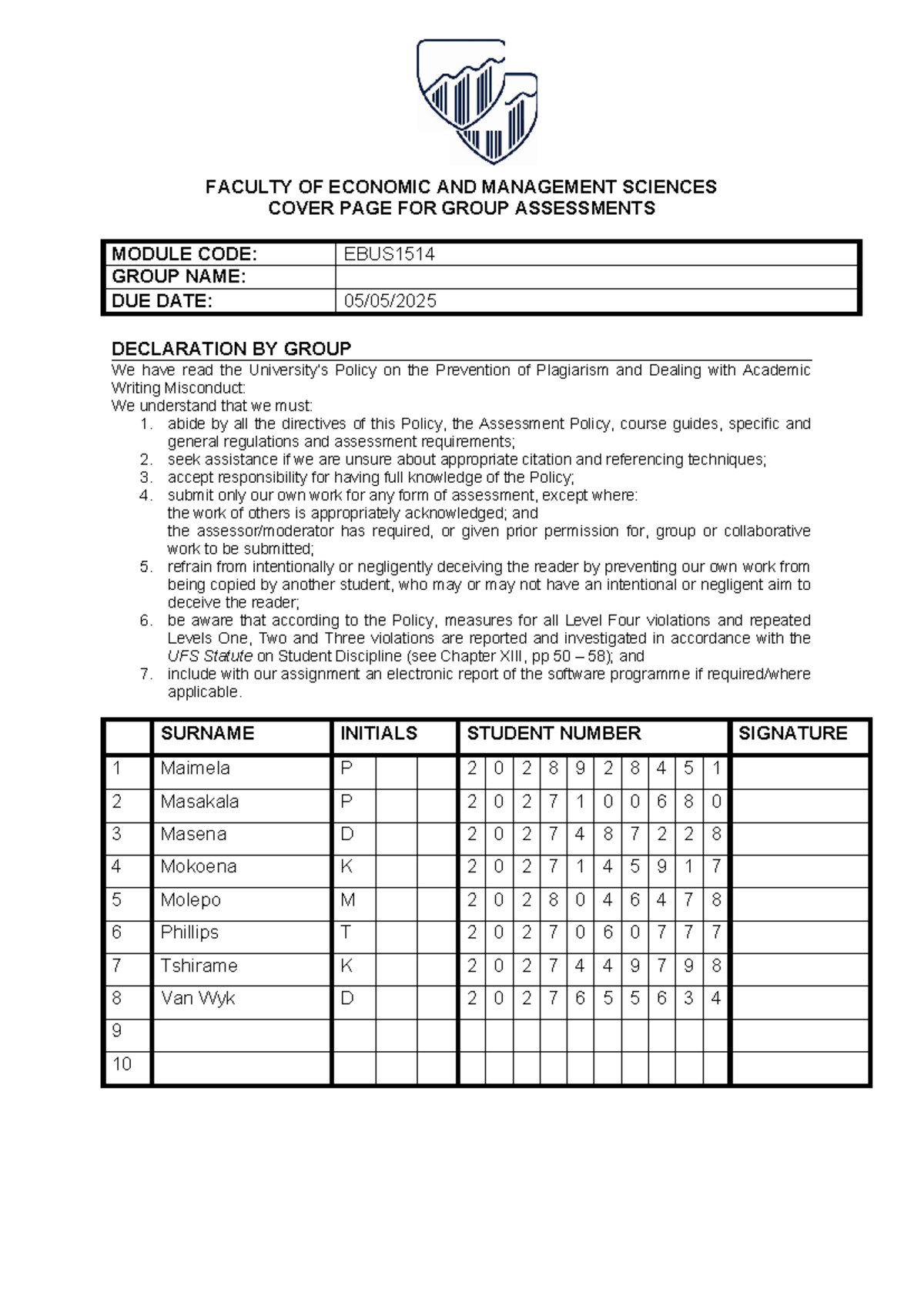 EBUS Group Assignment Cover Page - Economic and Management Sciences ...
