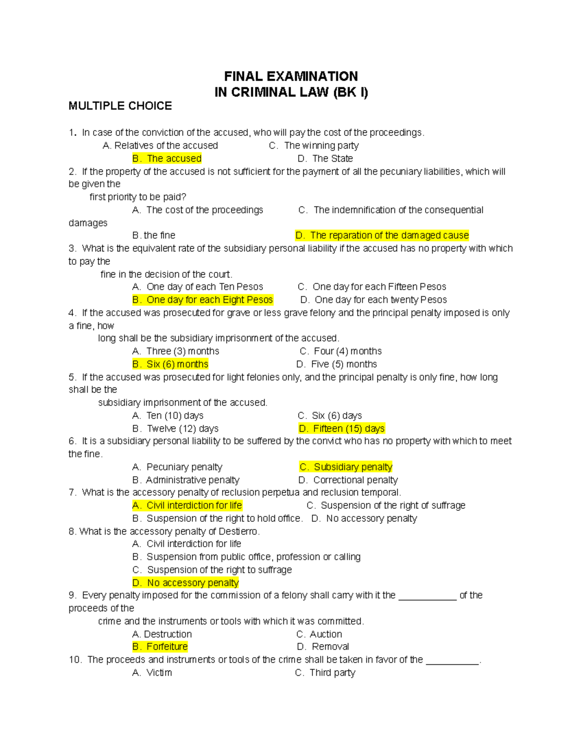 CLAW 1 FINAL EXAM MULTIPLE CHOICE QUESTIONS IN CRIMINAL LAW - Studocu