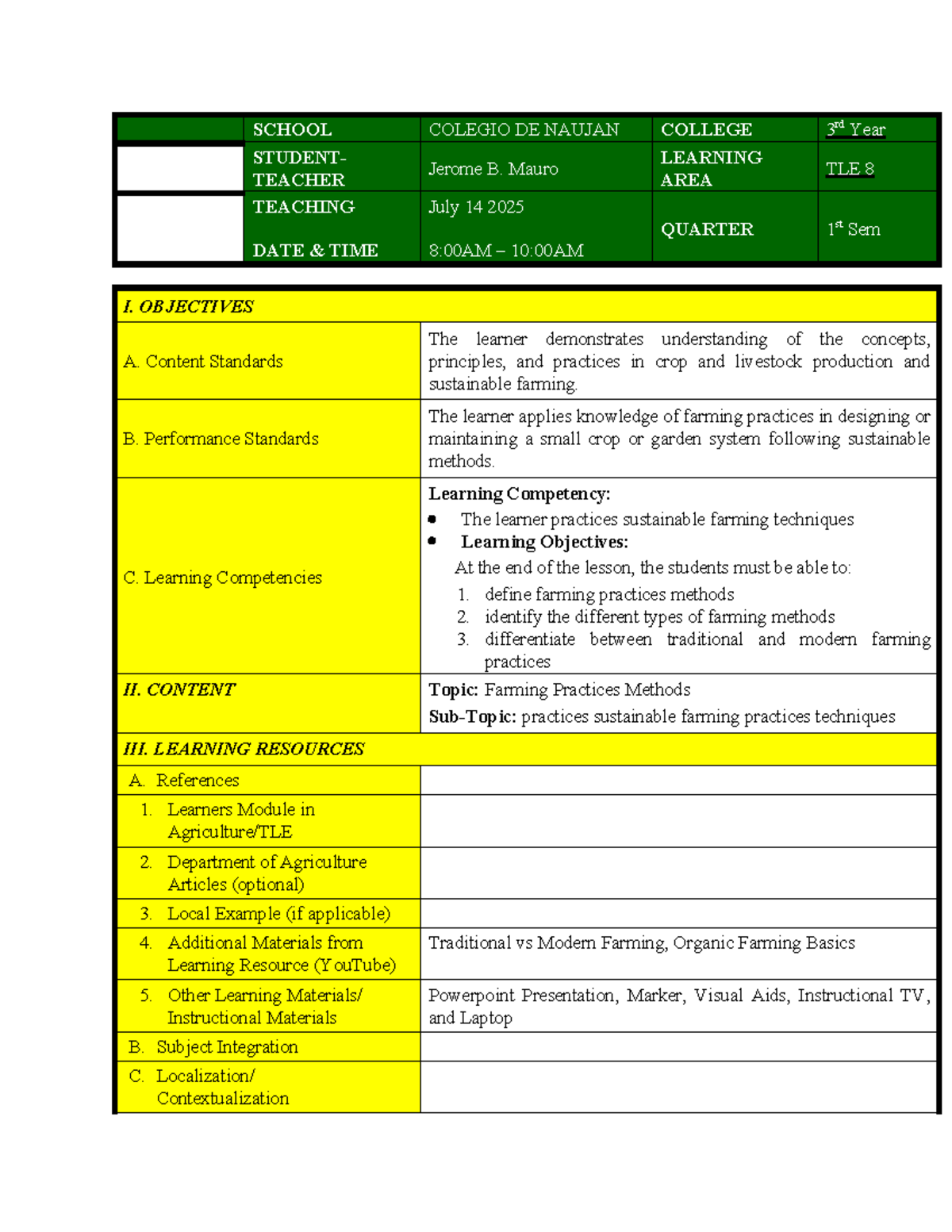 TLE 8 Farming Practices Methods Lesson Plan - 1st Sem 2025 - Studocu