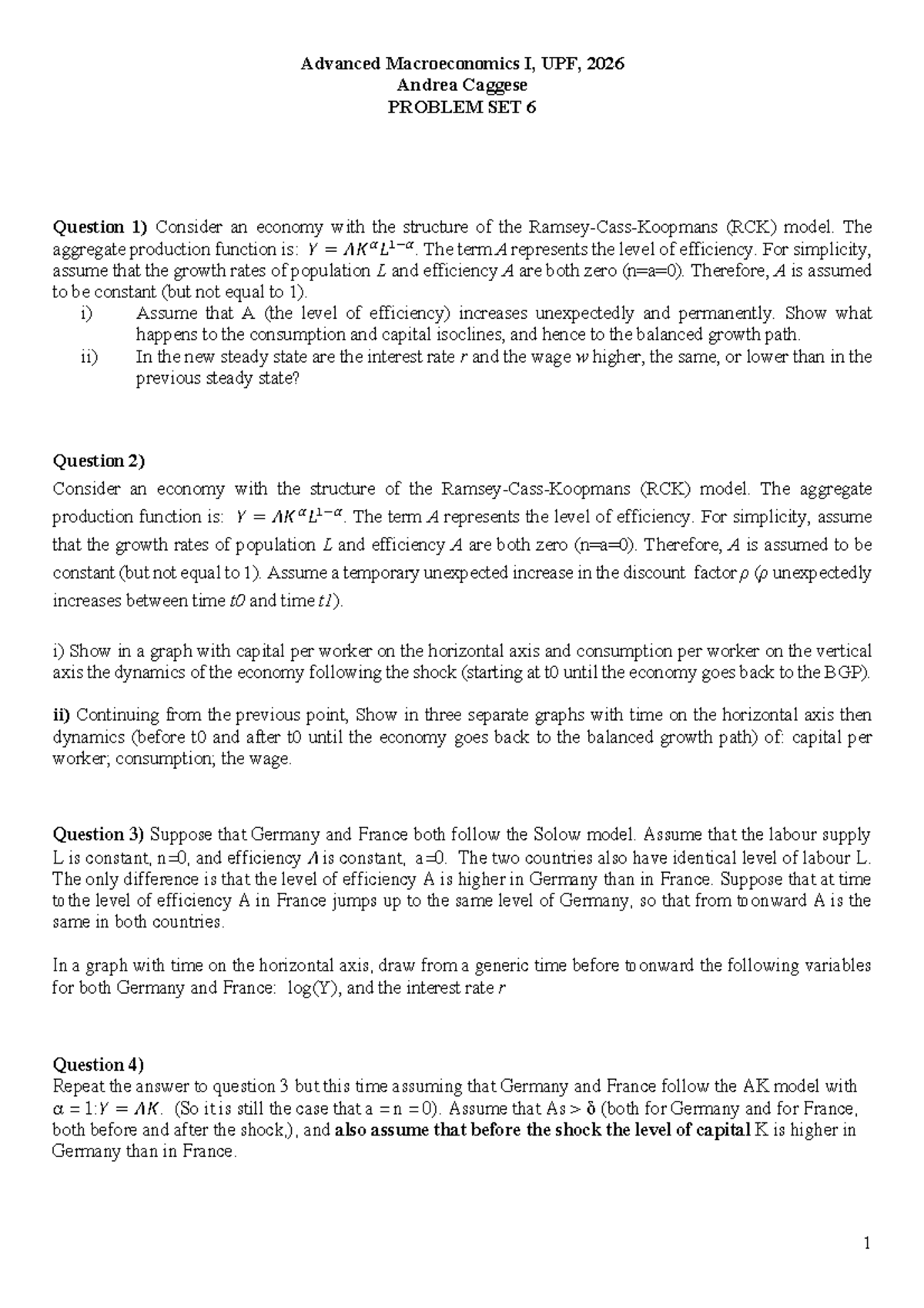 Advanced Macroeconomics I, UPF, 2026 - Problem Set 6 Analysis - Studocu