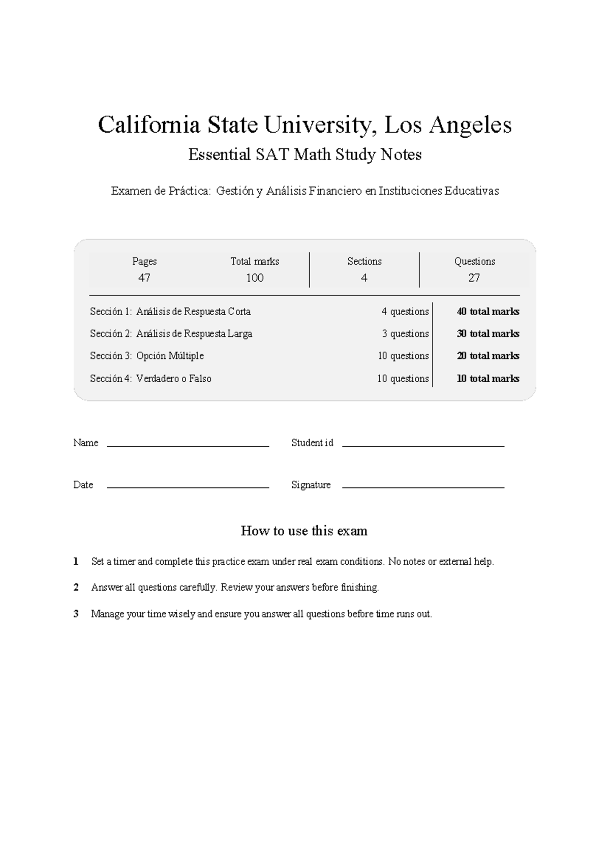 Cal State LA Essential SAT Math Study Notes: Practice Exam 2026 - Studocu