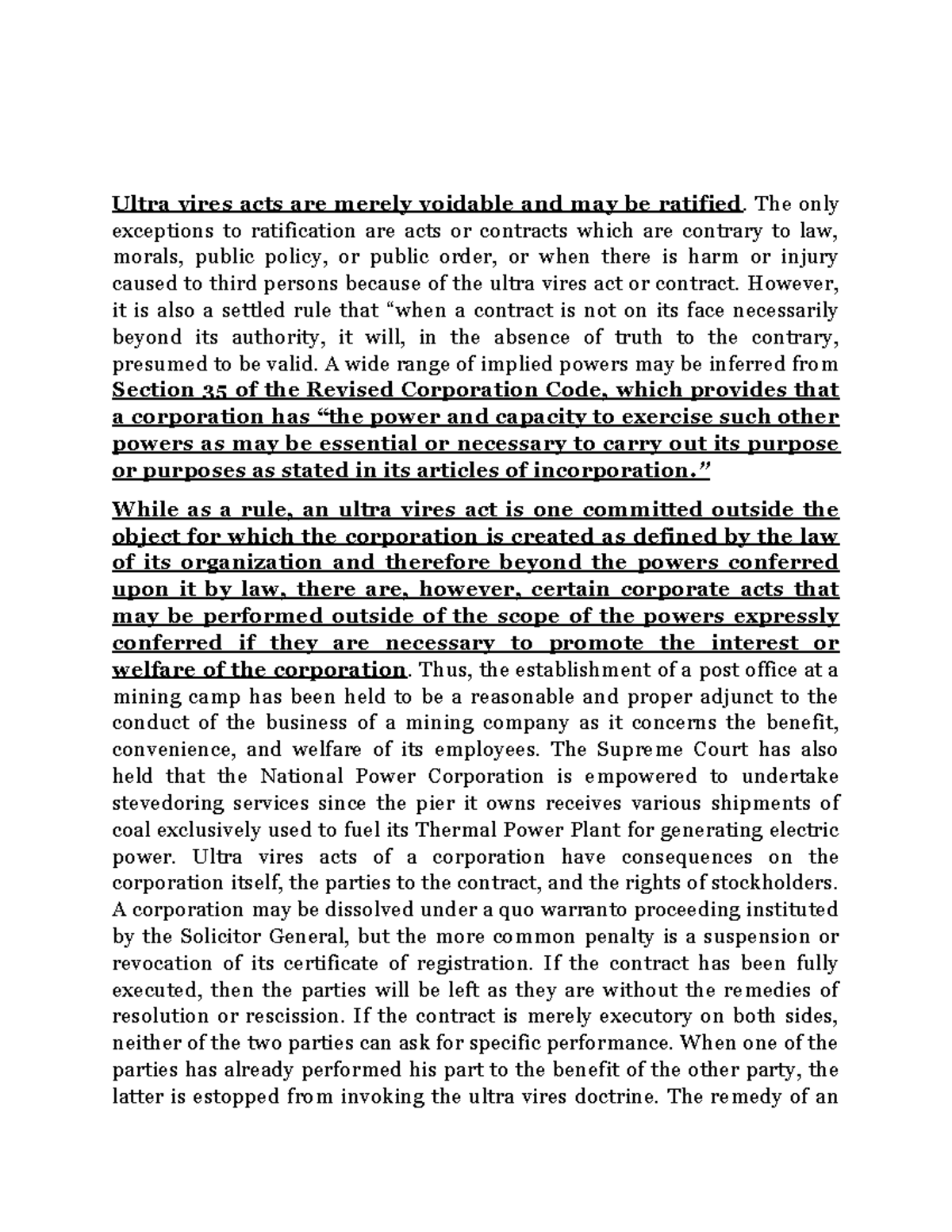 Additional Notes - Ultra vires acts are merely voidable and may be ...
