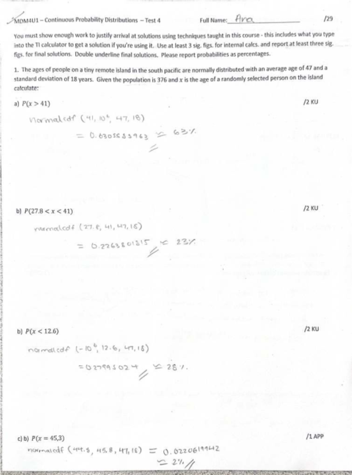 MDM4U1 - Continuous Probability Distributions - Test 4 Solutions - Studocu