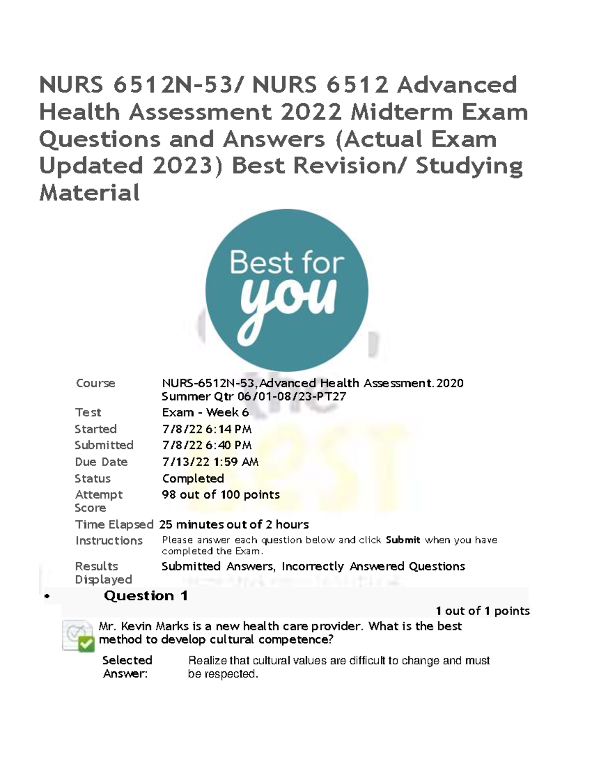 健康・医学 Answers to Everyday Questions NR222 Exam 2.docx - AND ANSWERS 100% CORRECT. Exam 2 NR 222