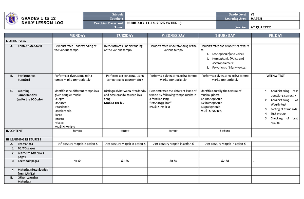 DLL Mapeh 6 Q4 W1 - Dll - GRADES 1 to 12 DAILY LESSON LOG School: Grade ...