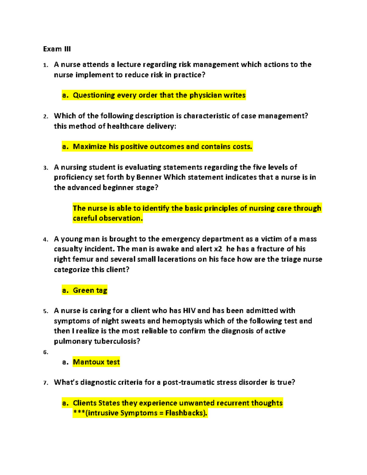 Exam III - Practice Questions and Scenarios for Nursing Care - Studocu