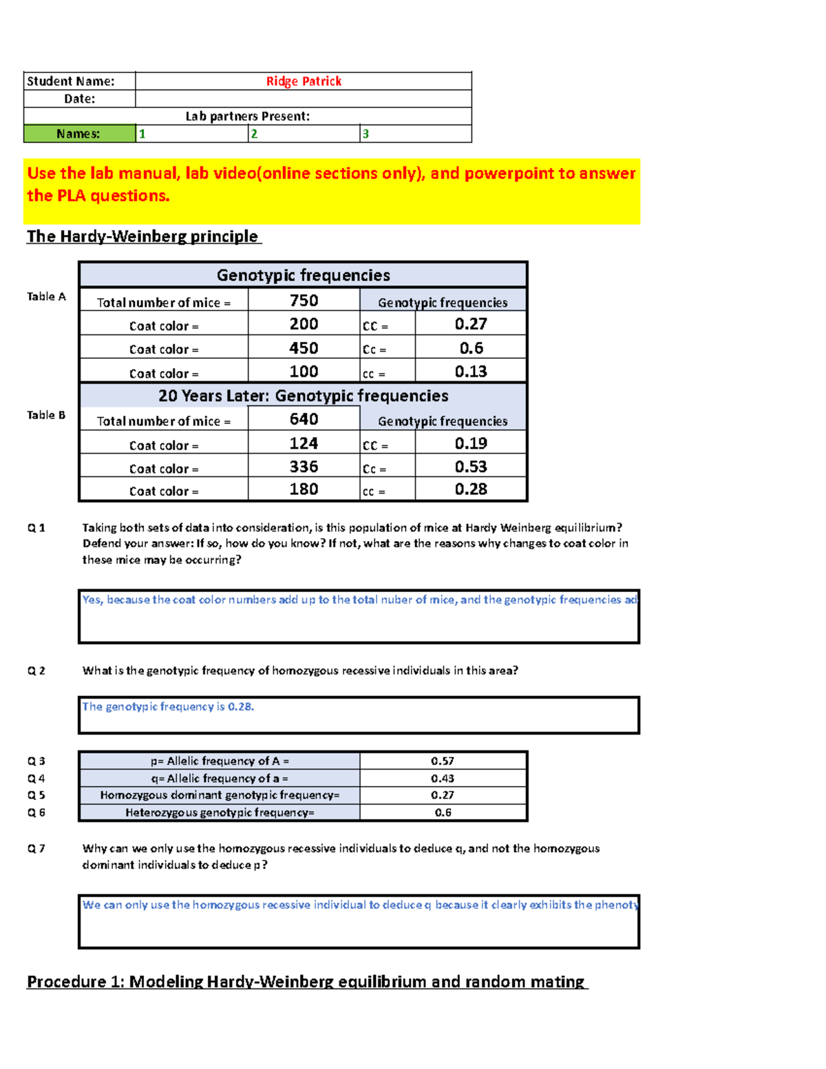 PLA 2 - Biology Lab Report on Hardy-Weinberg Equilibrium Analysis - Studocu