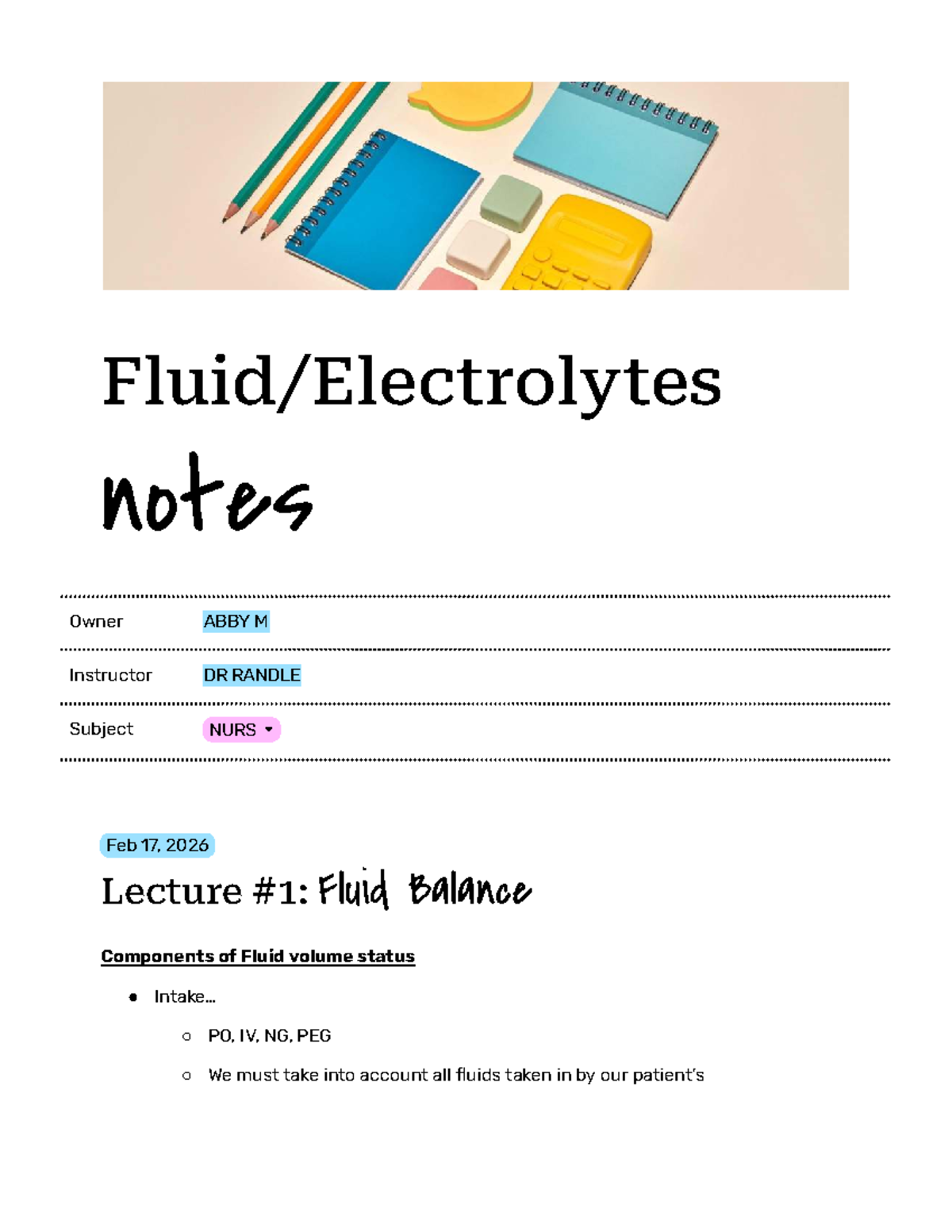 NURS Lecture Notes: Fluid & Electrolyte Balance and Imbalance - Studocu