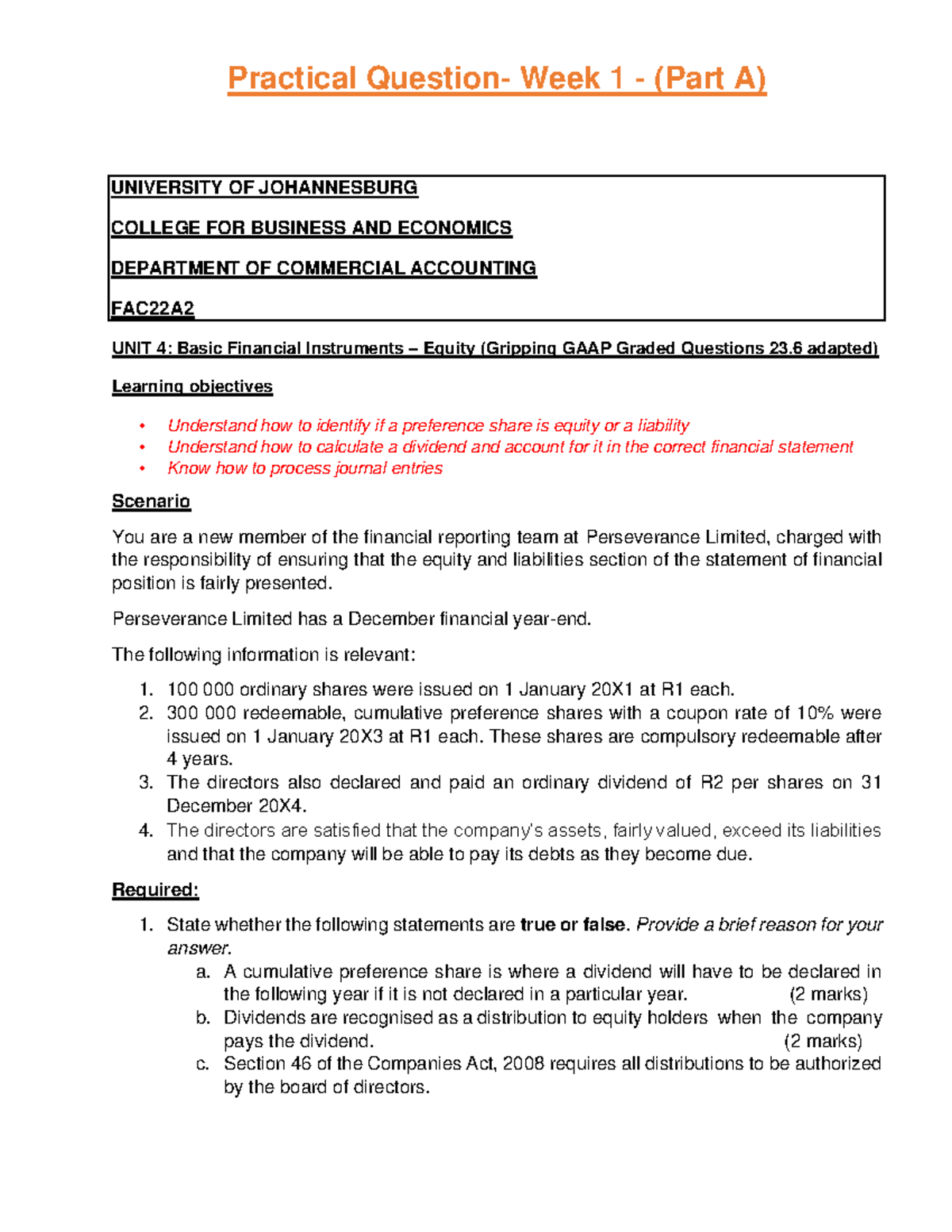 Basic Financial Instruments - Practical Week 1 (Part A) - FAC22A2 - Studocu