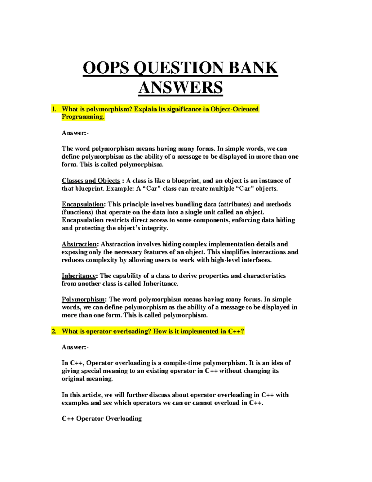 OOPs Question Bank: Key Concepts & Examples for Programming - Studocu