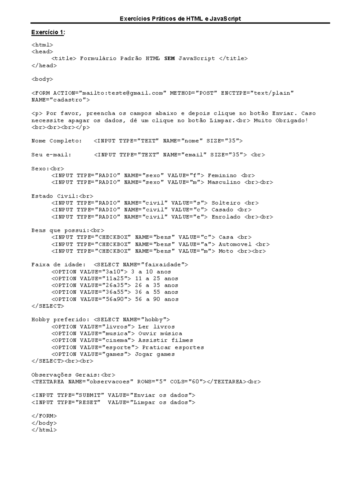 Exercícios Práticos de HTML e JavaScript - Ex. 1 a 14 (Profa. Flávia ...