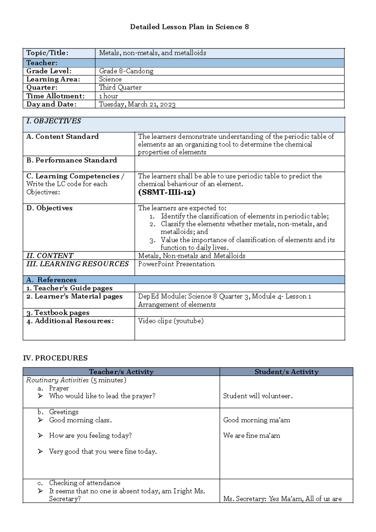 S8MT-IIIi-12 Detailed Lesson Plan: Metals, Non-metals & Metalloids ...