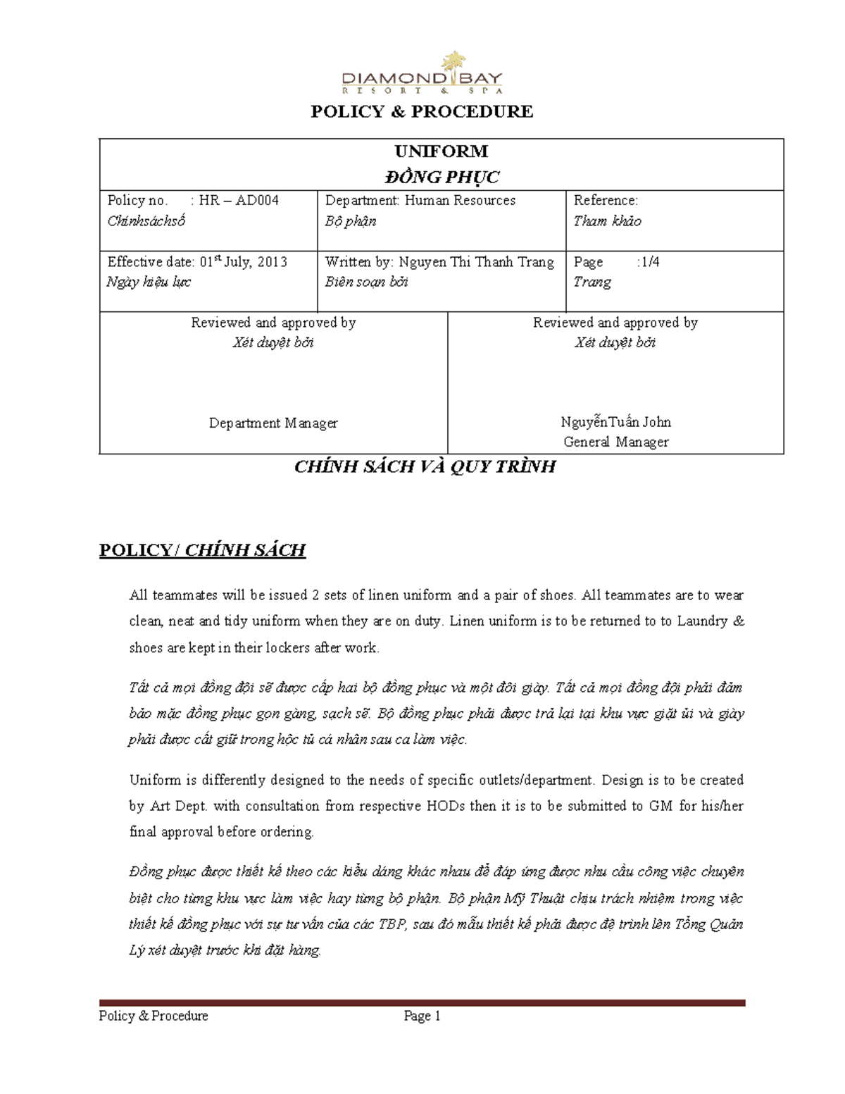PP-Uniform ( 4th July 2013 ) - POLICY & PROCEDURE UNIFORM ĐỒNG PHỤC ...
