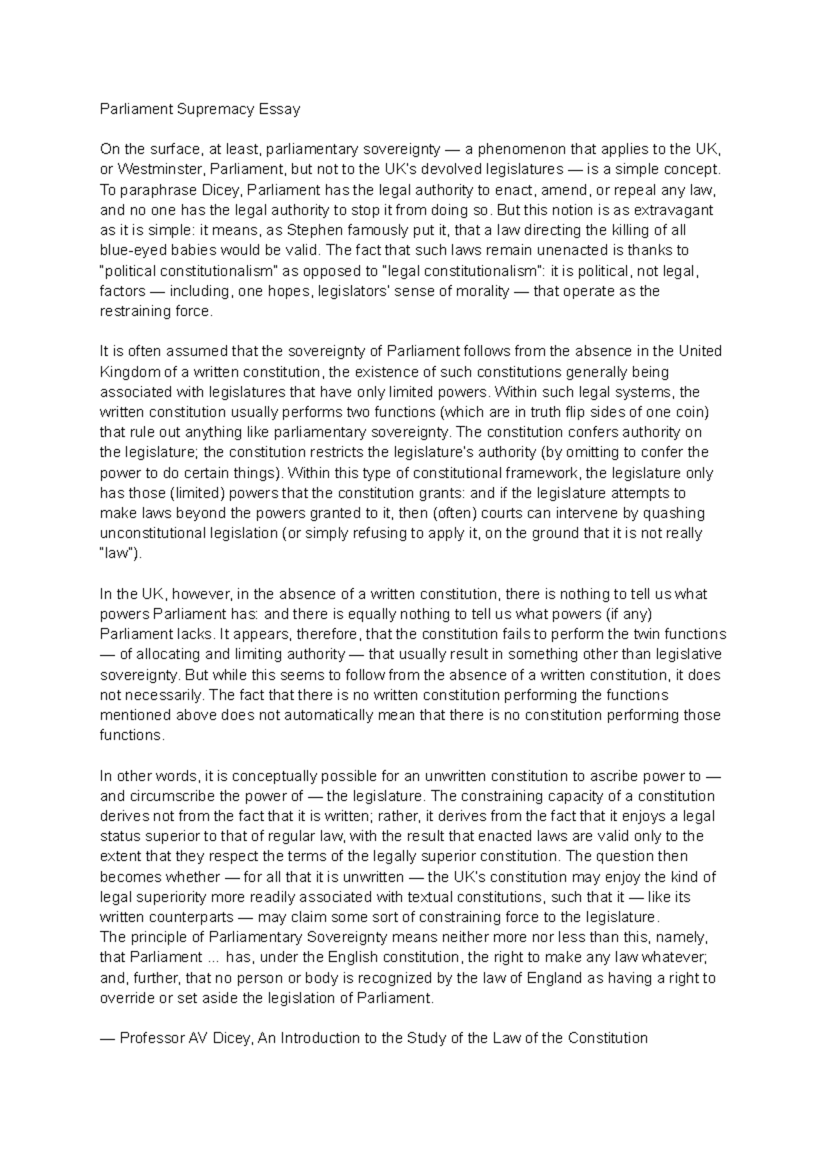 Parliamentary Sovereignty: An In-Depth Essay on UK Law - Studocu