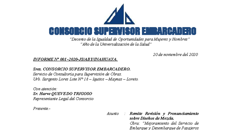 Informe Nº 001: Revisión de Diseños de Mezcla - Consorcio Supervisor Embarcadero - Document Preview