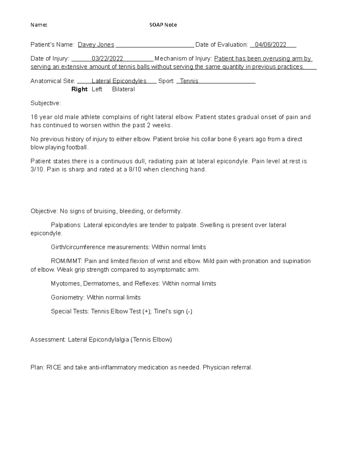 SOAP Note Template for Tennis Elbow Evaluation - Sherry Ann - Studocu