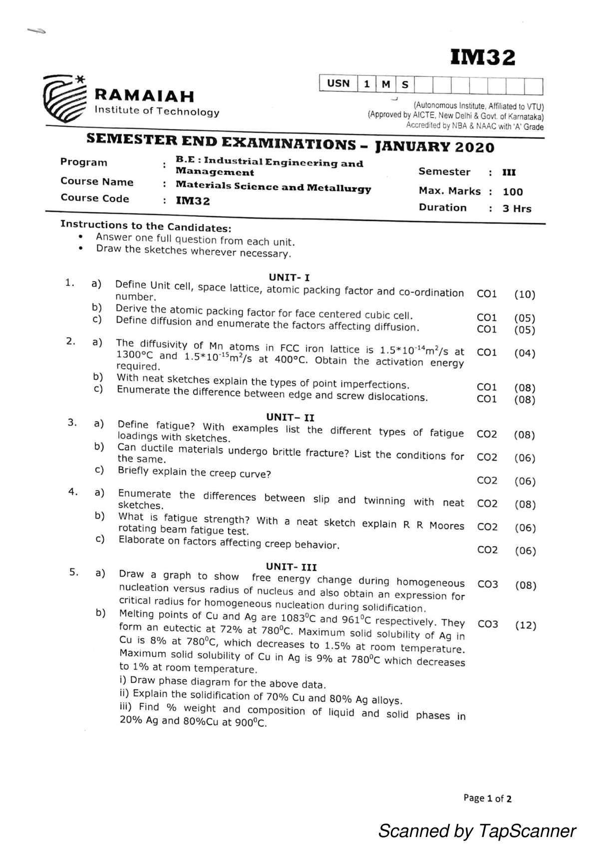 IM32 Materials Science & Metallurgy SEMESTER END EXAM JAN 2020 - Studocu