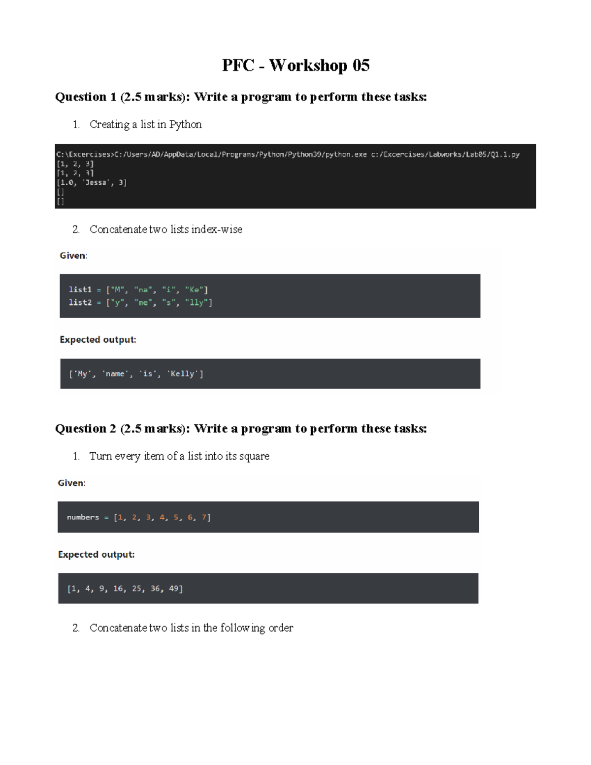 PFC Workshop 05: Python Lists and Dictionaries Tasks - Studocu