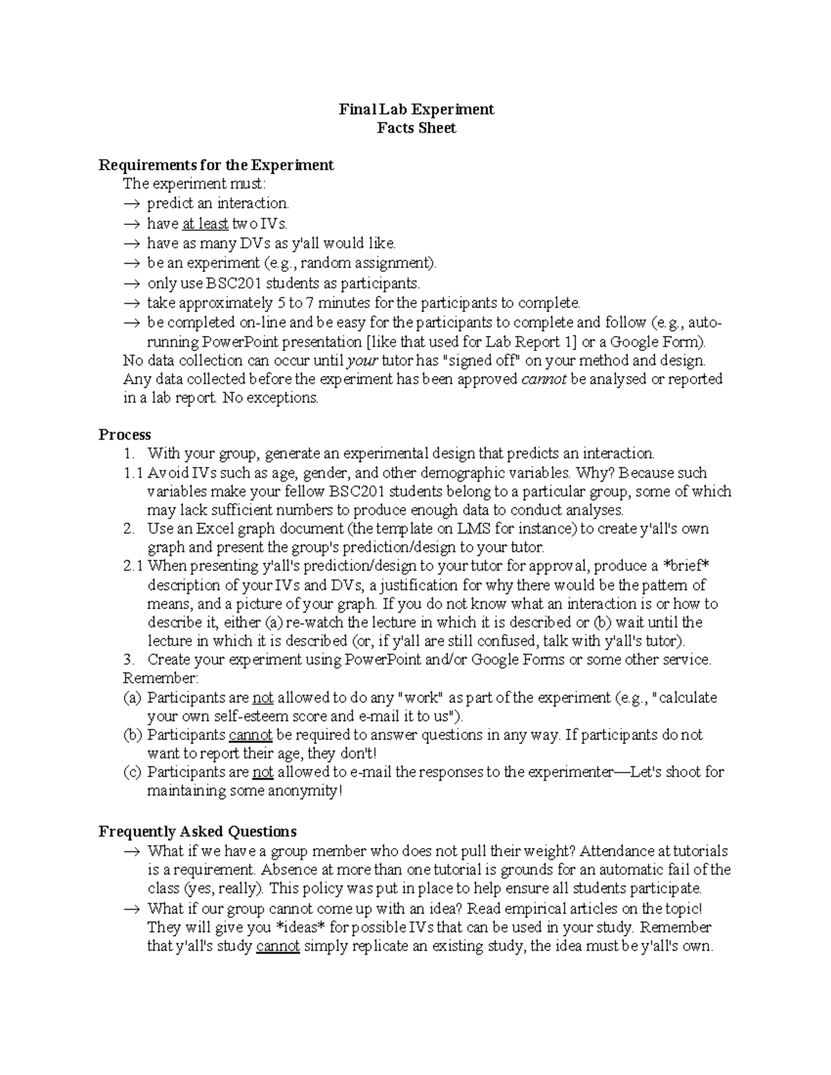 BSC201 finalproject summary - Final Lab Experiment Facts Sheet ...