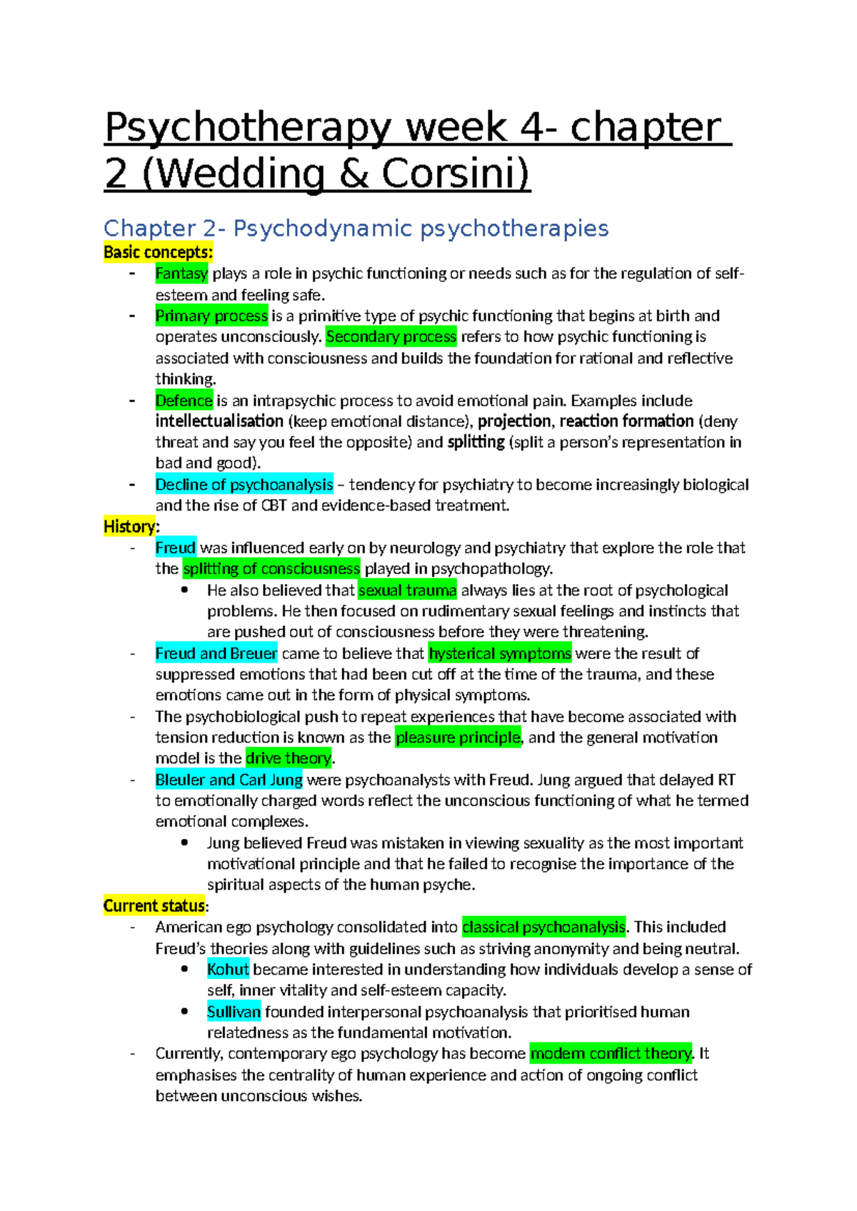 Psychotherapy Week 4 - Summary of Psychodynamic Theories and Concepts ...