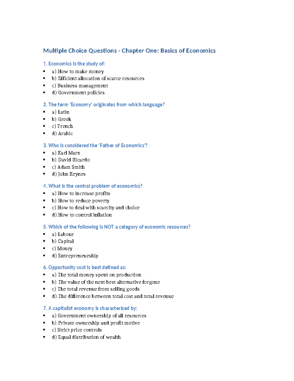 MCQs for ECON 101 - Chapter One: Basics of Economics - Studocu