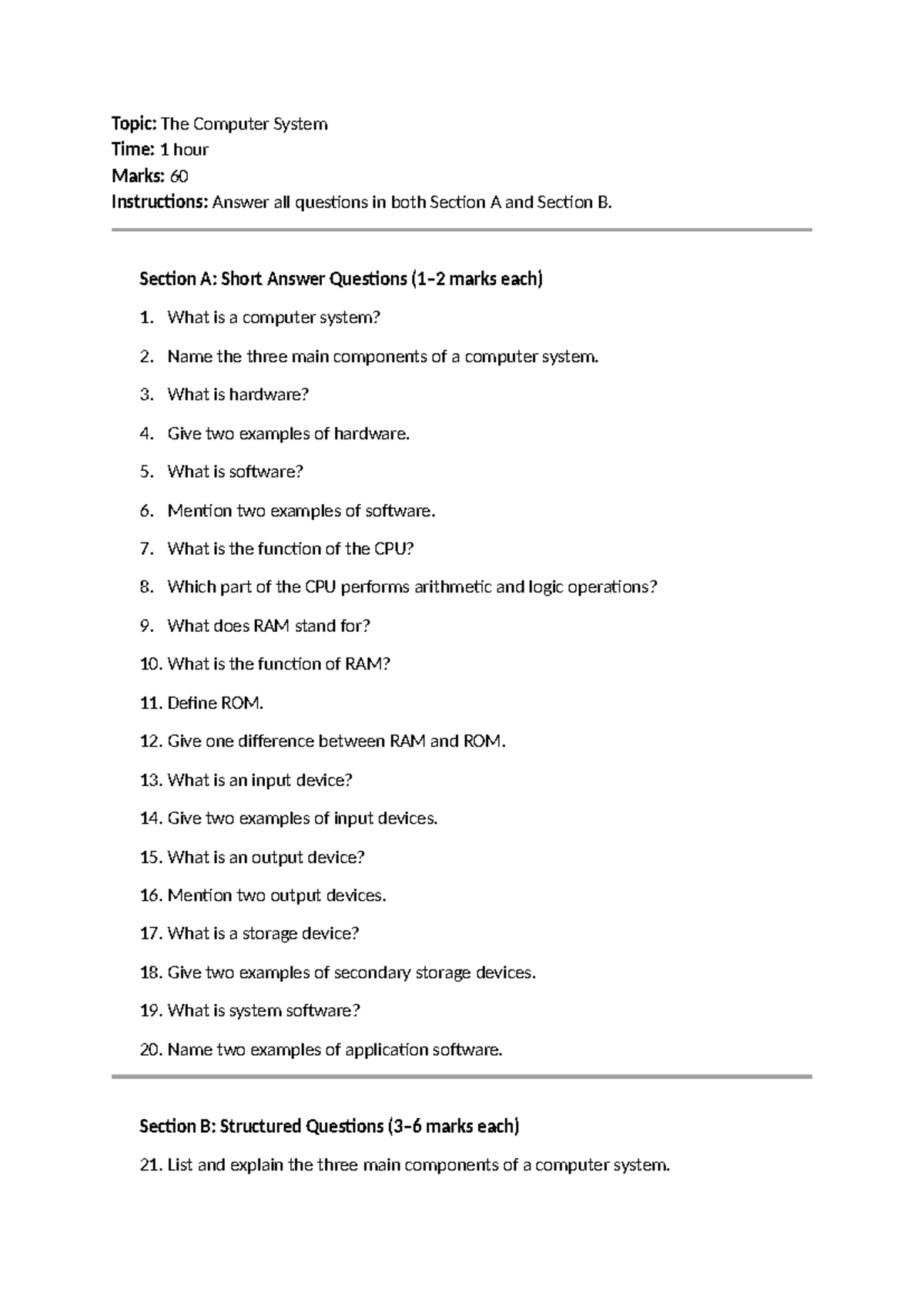 Computer Systems - Practice Questions for Exam (1hr, 60 Marks) - Studocu