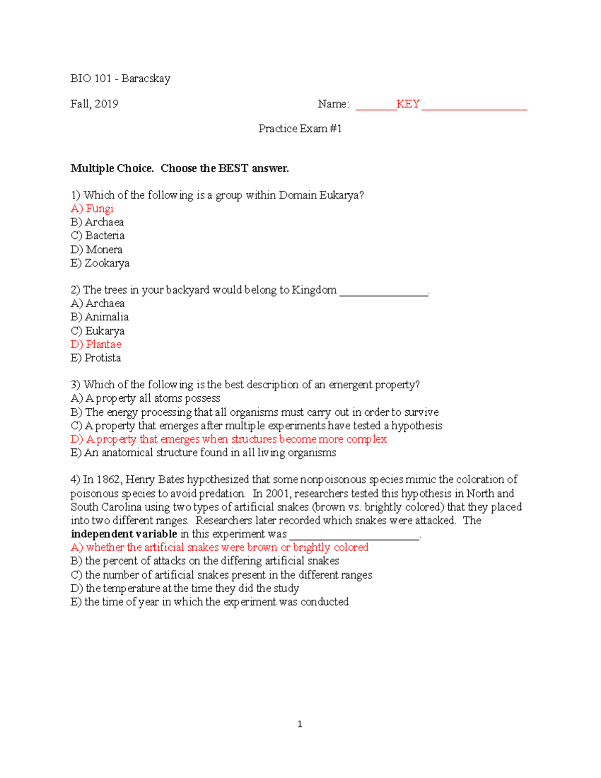 BIO 101 Exam #1 Practice Questions & Answers - Fall 2019 KEY - Studocu