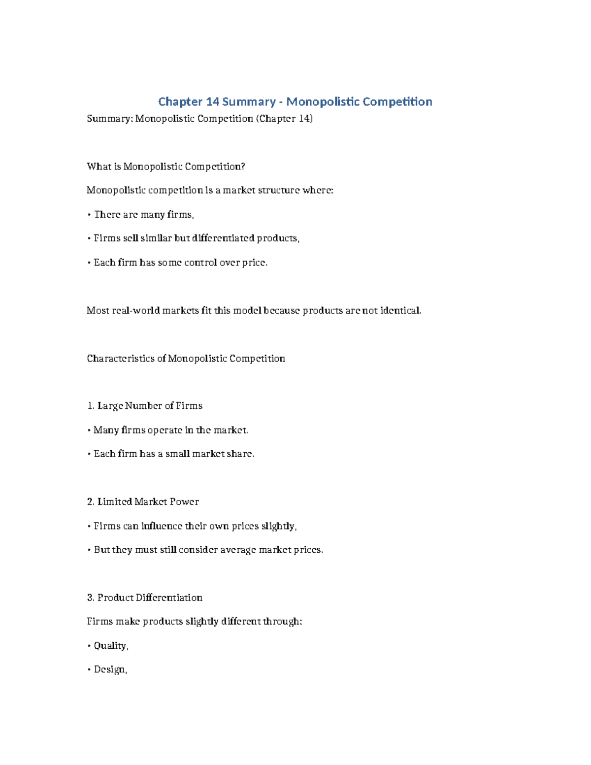 Chapter 14 Summary: Understanding Monopolistic Competition - Studocu