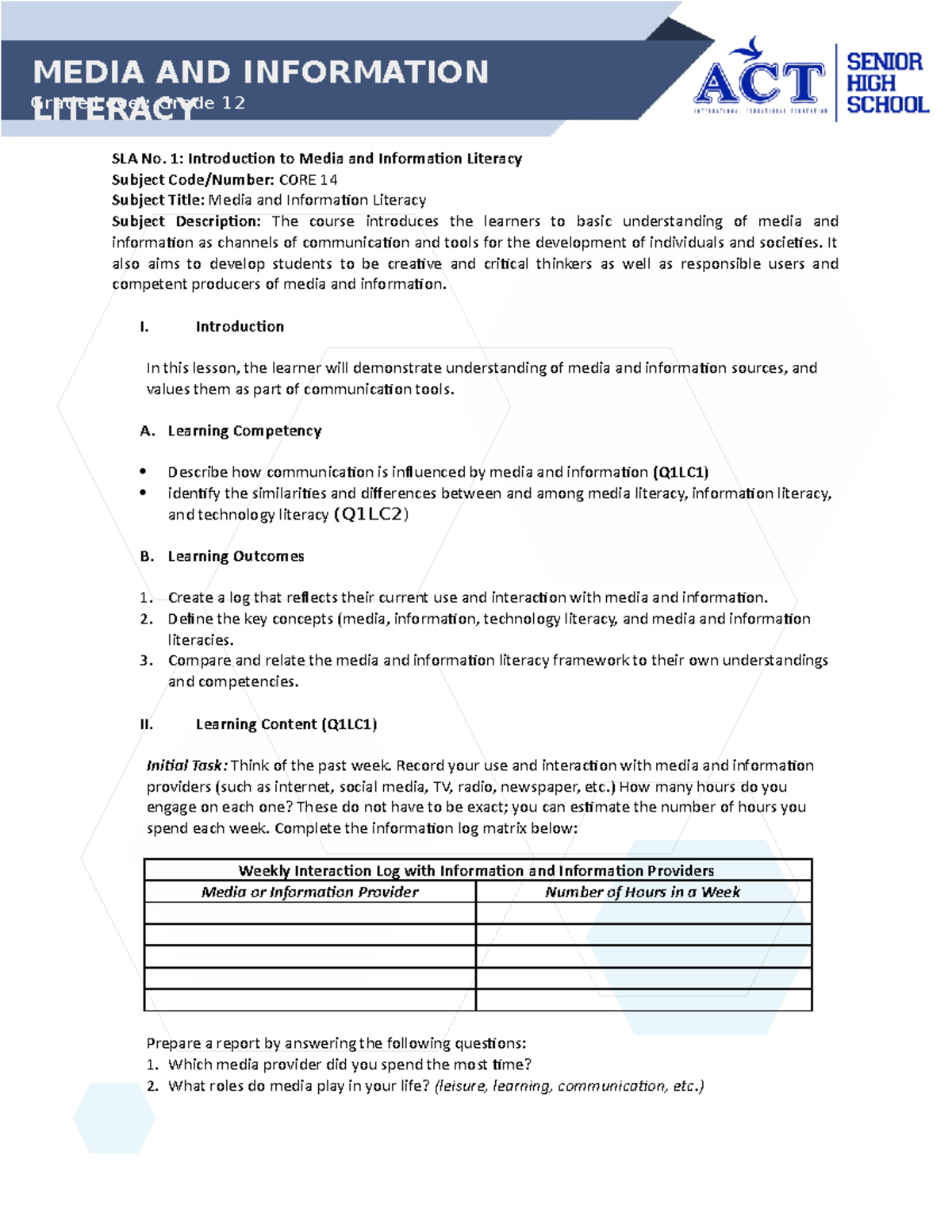 Media and Information Literacy Overview Grade 12 CORE 14 2021-2022 ...
