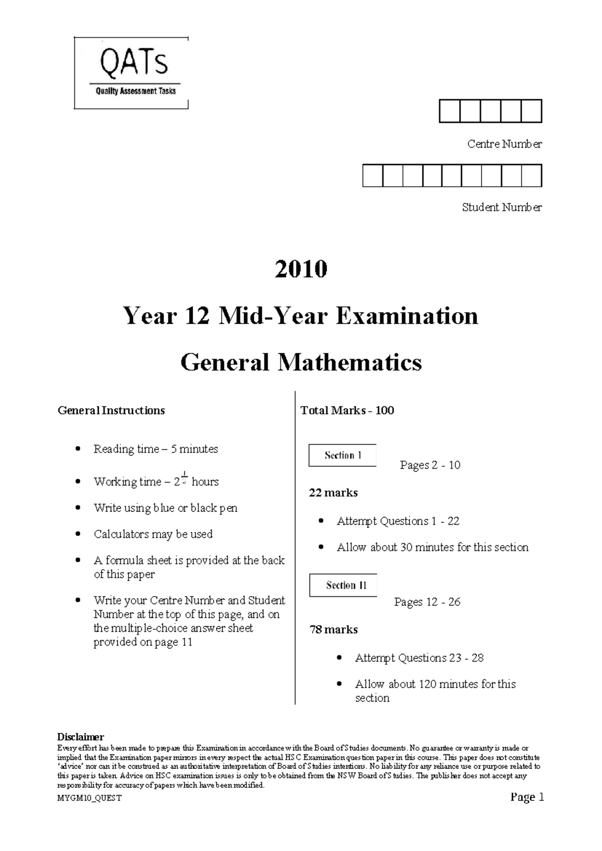QAT Mid Year 12 Gen 2010 - Nun much - Centre Number Student Number 2010 ...