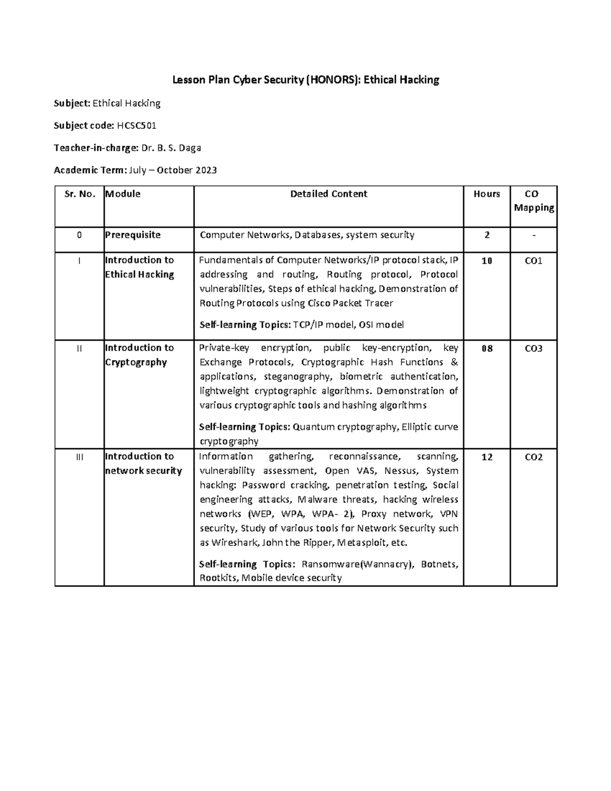Lesson Plan: Ethical Hacking (HCSC501) - Course Objectives & Outcomes ...