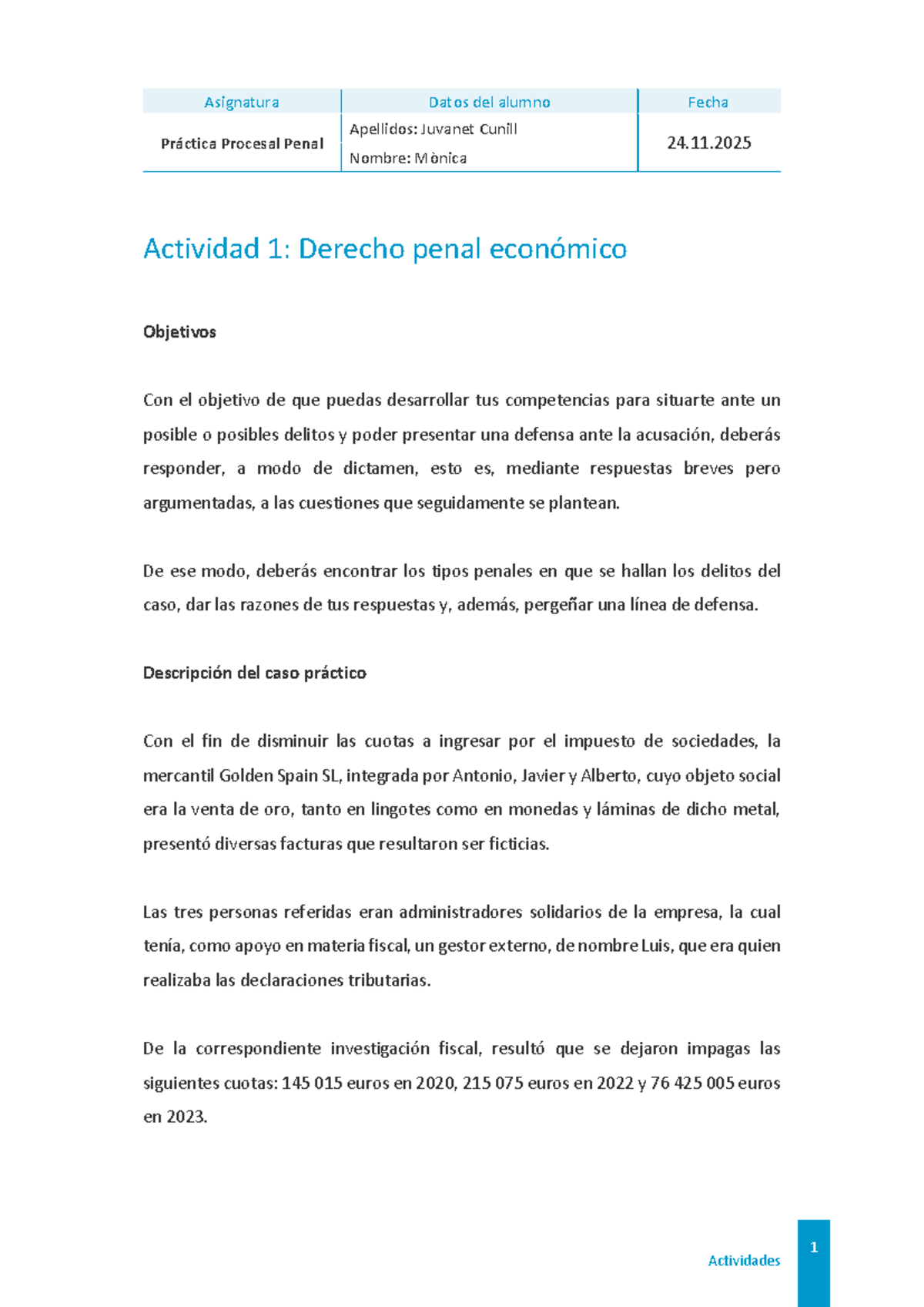 Actividad 1: Derecho Penal Económico - Práctica Procesal Penal - Document Preview
