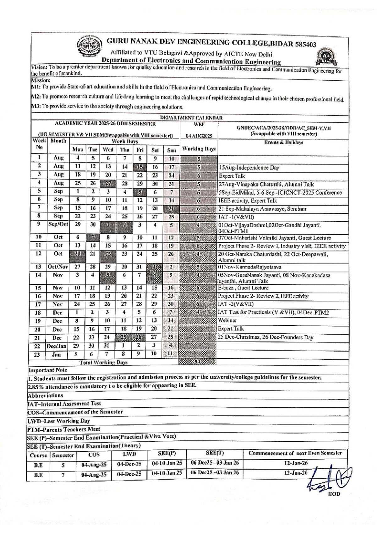 Academic Calendar 2025-26 Odd Semester - ECE Department - Studocu