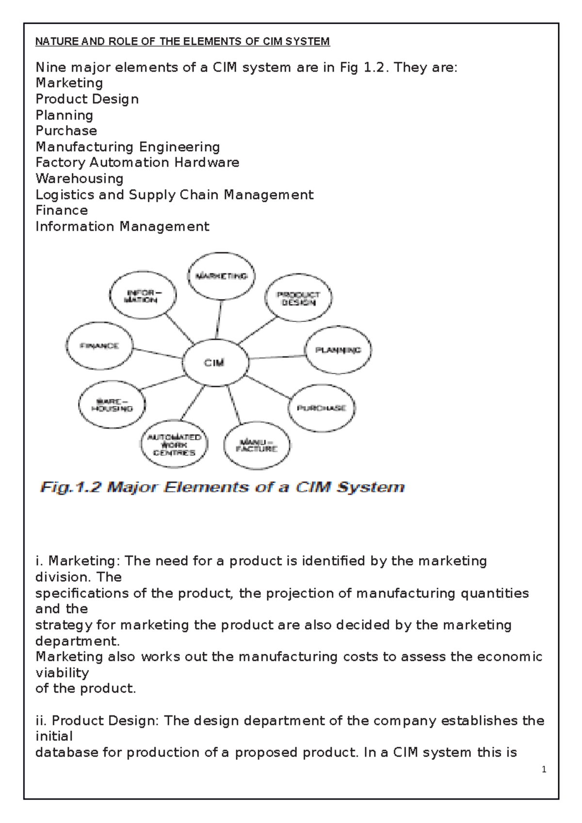 Nature AND ROLE OF THE Elements OF CIM System - NATURE AND ROLE OF THE ...