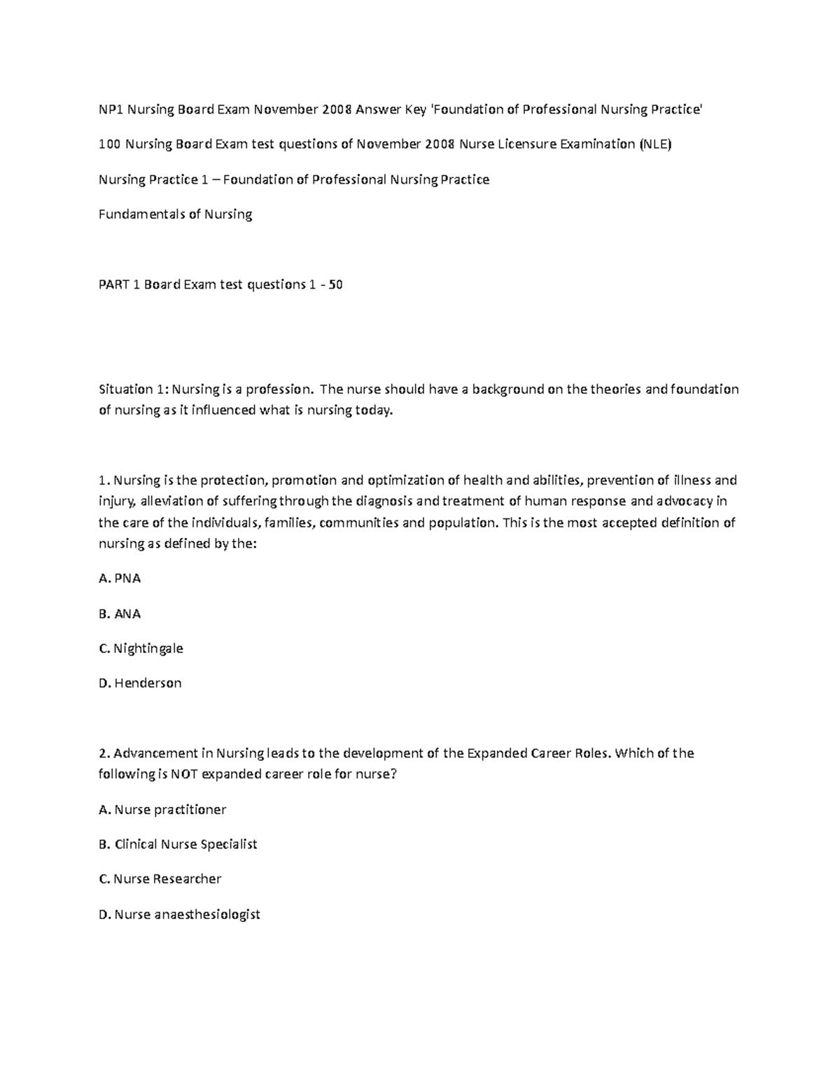 NP1 Nursing Board Exam NLE Nov 2008 Answer Key & Q&A Insights - Studocu