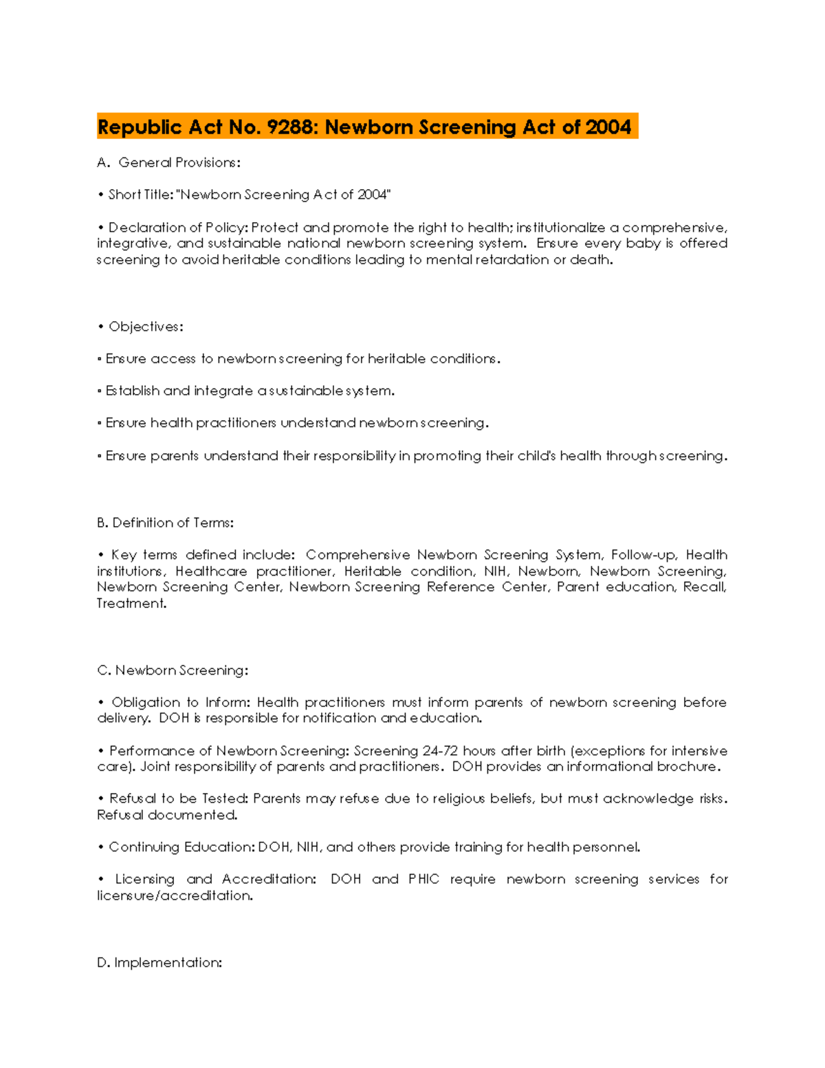 RA 9288: Newborn Screening Act of 2004 - Key Provisions & Notes - Studocu