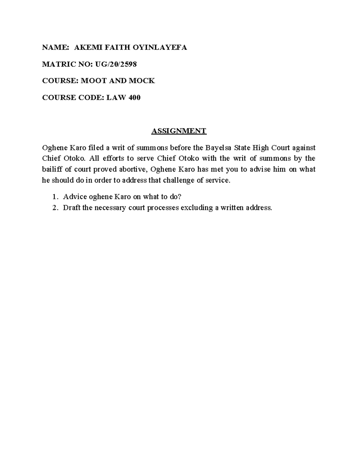 LAW 400: Ex Parte Motion for Substituted Service in Court Session - Studocu